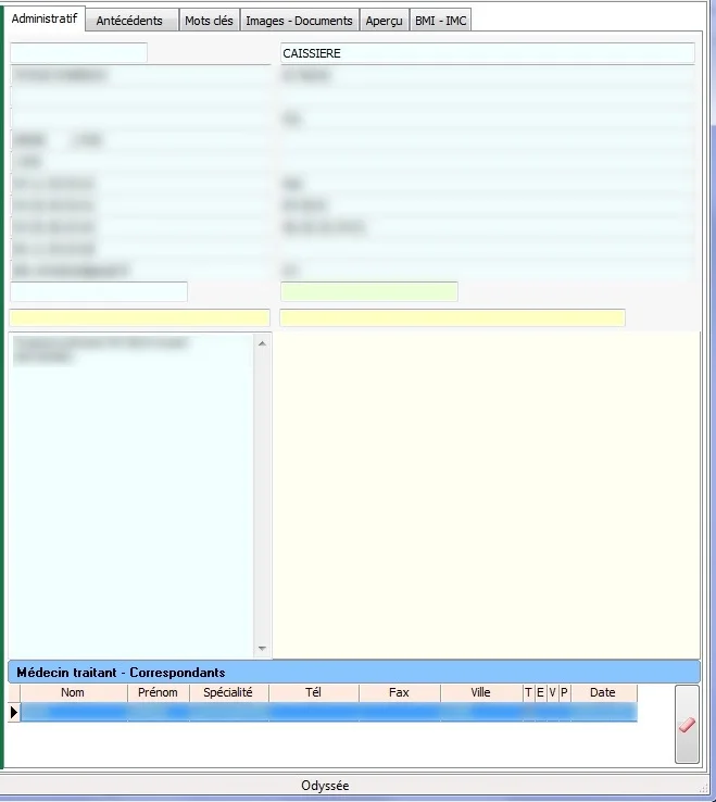 Capture d'écran de l'interface fiche patient Odyssée